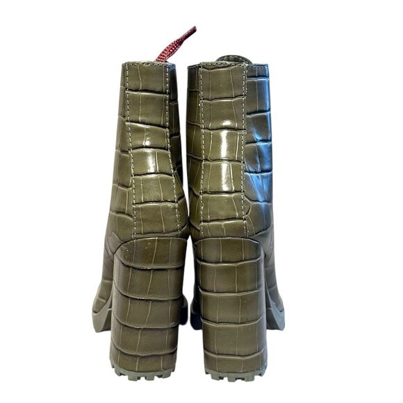 Schutz Olive Green Croc-Embossed Lace-Up Block Heel Boots W/ Burgundy Laces - 5 - Picture 2 of 9